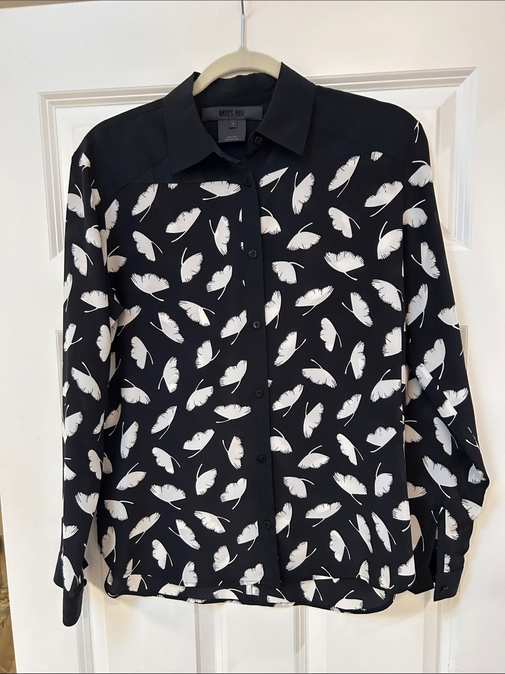 Miss Wu Black Feather Print Button-Up Blouse
